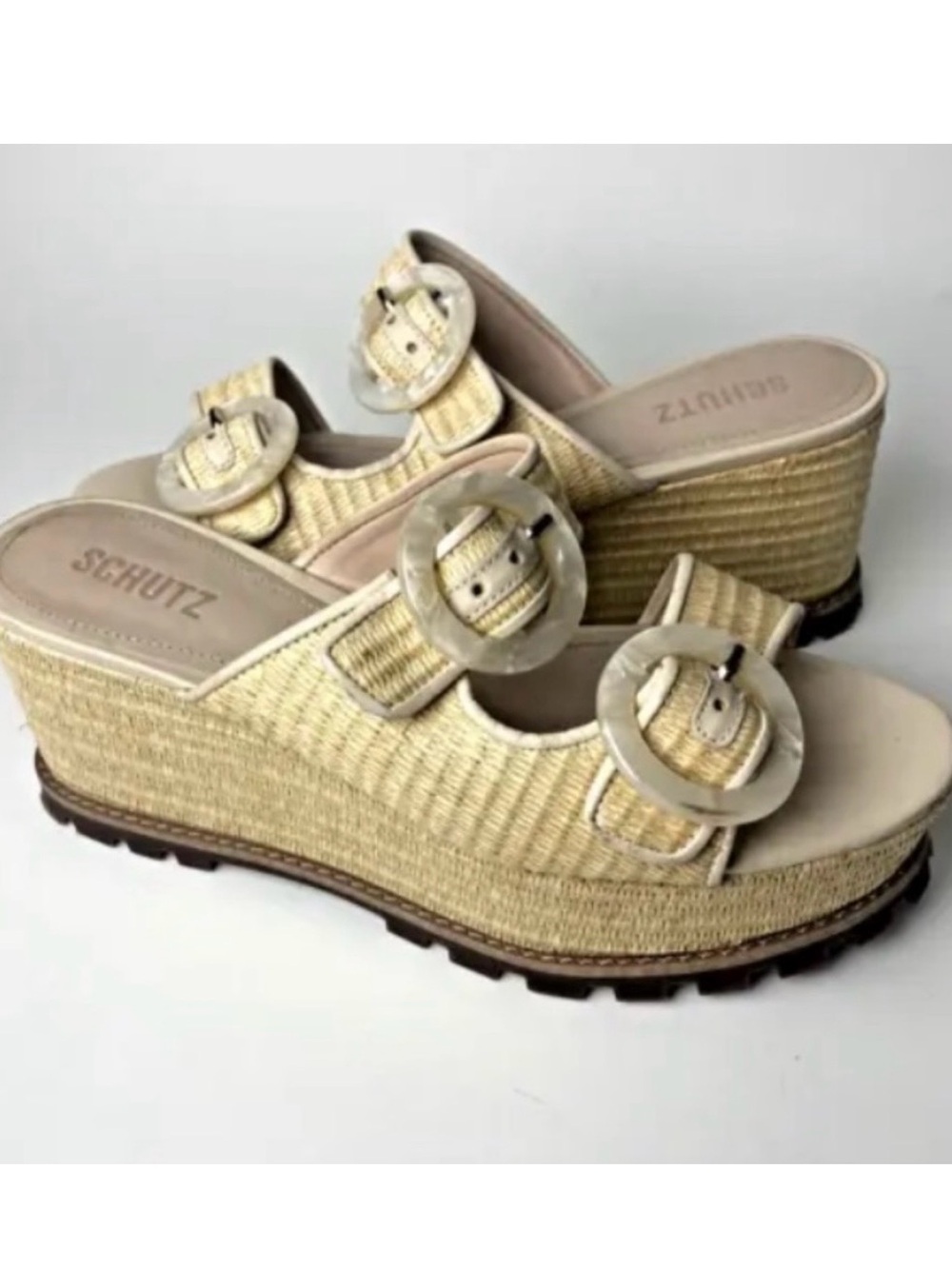 Schutz sandals 10.5 B Platform bella Rafia nude natural Slides Espadrille